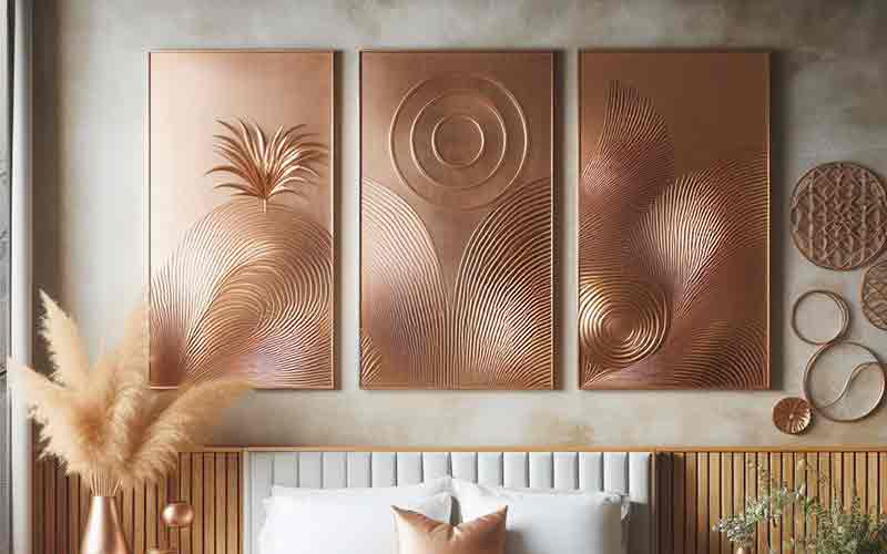 Copper art in bedroom
