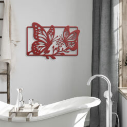 Red-rectangle-framed-Butterfly-Garden-Metal-Wall-Art-dark-modern-bathroom