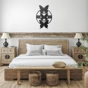 Black butterfly silhouette steel wall art display in bedroom