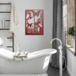 Red butterflies in flight, trees metal work display bathroom