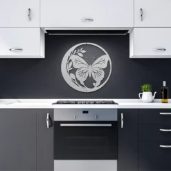 Silver circled butterfly and foliage metal art showcase in bedroommodern kitchen