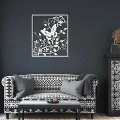 White steel vines, flowers and butterfly wall art