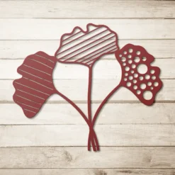 red 3-set abstract ginkgo leaves metal decor on wooden wall