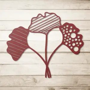 red 3-set abstract ginkgo leaves metal decor on wooden wall
