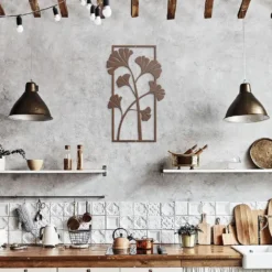 Brown/Copper silhouette ginkgo biloba foliage metal wall art rustic kitchen