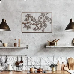 Brown large ginkgo branch leaves metallic art rustic kitchen