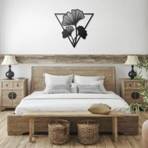 Black triangle-framed Ginkgo Leaves Metal Wall Art bright bedroom