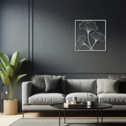 Silver ginkgo leaves outline metal art dark living room