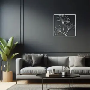 Silver ginkgo leaves outline metal art dark living room