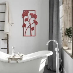 Red silhouette ginkgo biloba foliage metal wall art bathroom