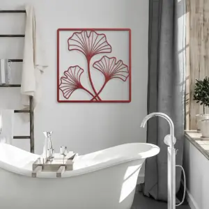 Red ginkgo leaves outline metal art on bathroom white wall