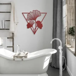 Red triangle-framed Ginkgo Leaves Metal Wall Art Bathroom Demo