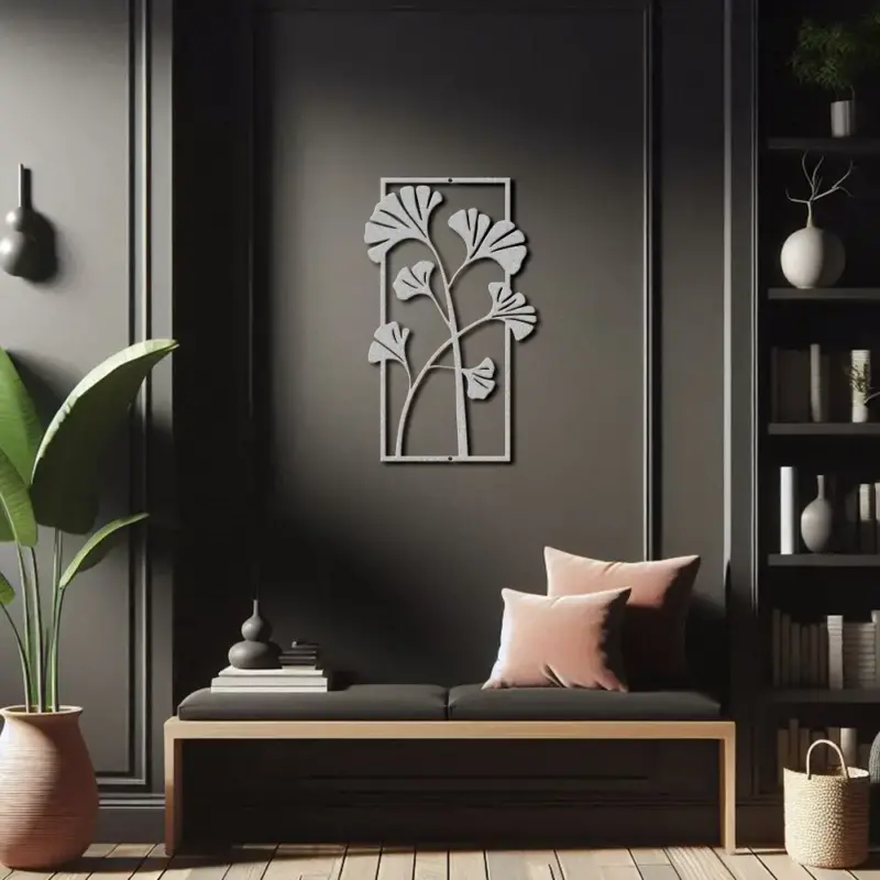 Silver silhouette ginkgo biloba foliage metal wall art Hallway