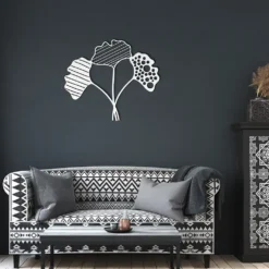 White 3-set abstract ginkgo leaves metal wall decor dark living room