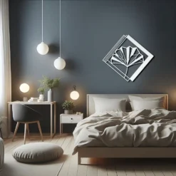 White abstract ginkgo biloba leaf metal wall art dark bedroom