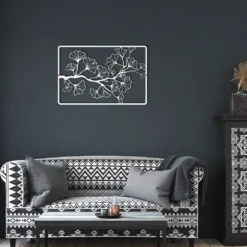 Large white metallic ginkgo branch and leaves round-rectangle frame on dark living room