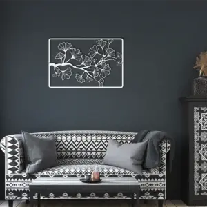 Large white metallic ginkgo branch and leaves round-rectangle frame on dark living room