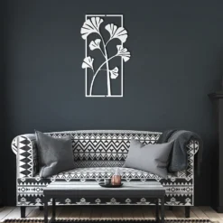White silhouette ginkgo biloba foliage metal wall art living room