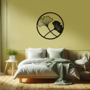 Black minimalist 2 ginkgo leaves circle frame bright yellow bedroom