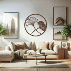 Copper minimalist 2 circled ginkgo leaves metal wall art living room