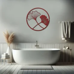 Red duo metal circle-framed ginkgo leaves wall art modern-bathroom