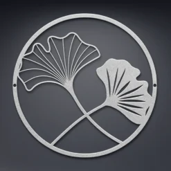 Silver 2 ginkgo leaves metal wall art round frame