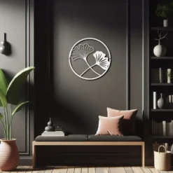 White minimalist metal round-framed duo ginkgo leaves dark hallway