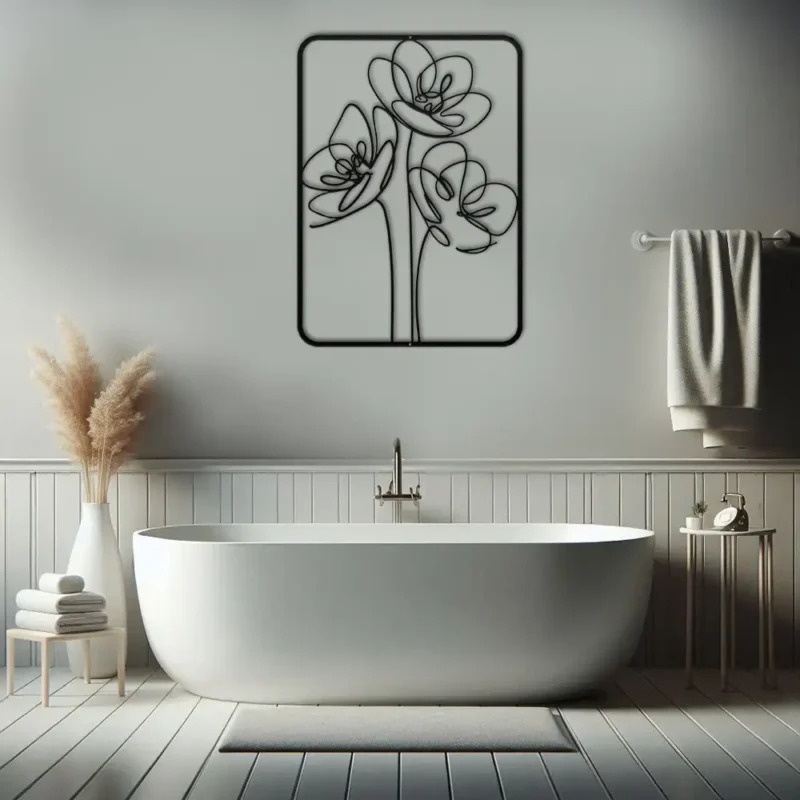 Black single line metal flower art on white bathroom wall