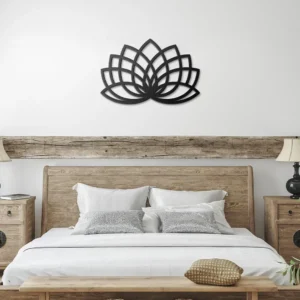 Black geometric metal lotus blossom in farmhouse bedroom