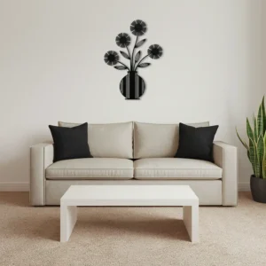 Black Geometric Bloom Metal Flower Vase art display on a living room with white wall