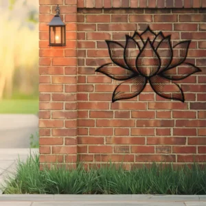 Large black-powder finish metallic striped lotus flower outdoor art on brick wall