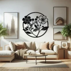 Black powder coated steel round frame floral metal art in living room with bright wall