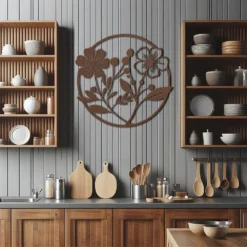 Brown metallic circle-framed floral art on kitchen wall