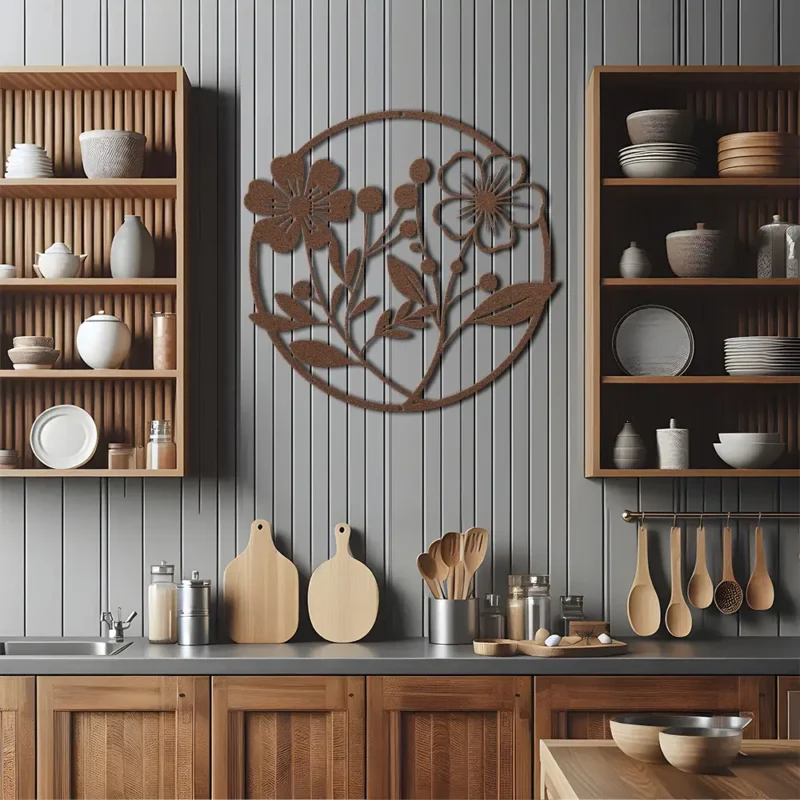 Brown metallic circle-framed floral art on between cabinets in a modern kitchen
