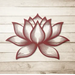 Red powder coating finish large steel lotus art on wooden wall