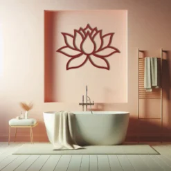 Red powder-coated finish metal lotus outline on bathroom wall