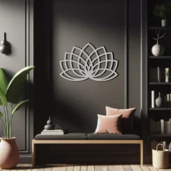 Silver geometric lotus abstract metal art dark hallway wall display