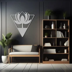 Silver triangular framed lotus metal art hallway wall