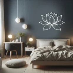 Large white lotus metal art display indoor-dark bedroom