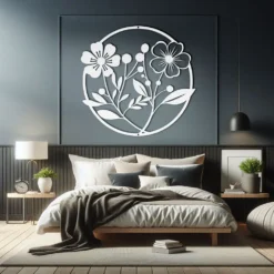 Metallic white circle framed floral art hanging in cozy bedroom
