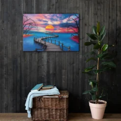 Large Vivid Blue-Orange Landscape with Sunset Canvas Art - Image 5