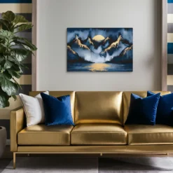 Navy Blue and Gold Abstract Landscape Wall Art - Image 6