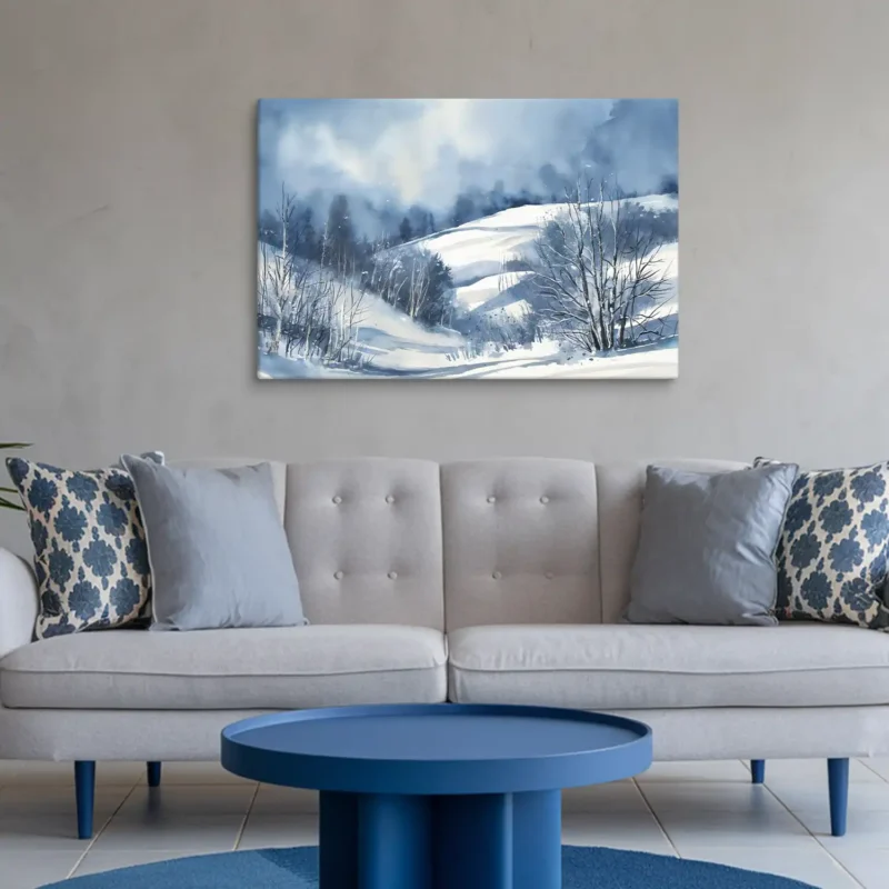 24 by 36 in winter landscape art in white and blue themed living room