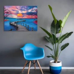 Large Vivid Blue-Orange Landscape with Sunset Canvas Art - Image 6