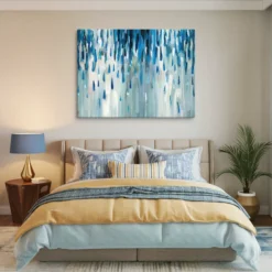 30 by 40 large minimalist Abstract Blue Rain Canvas Wall Art for bedroom