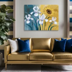 30 by 40 Blue Iris and Yellow Sunflower Canvas Wall Art living room