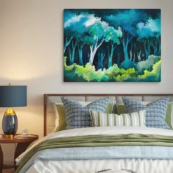 30 by 40 inch blue and green abstract forest wall art painting for bedroom