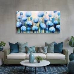 modern living room extra-large blue floral watercolor canvas painting