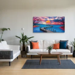 30 by 60 inch extra large blue and orange landscape wall hanging living room