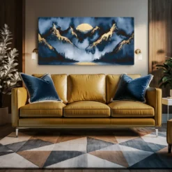 30 by 60 inch canvas XXL blue and gold landscape wall hanging for living room